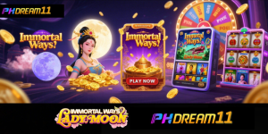 Immortal ways lady moon Mystical moon goddess, gold coins, glowing moonlight, and East Asian aesthetics ,Cascading coins and Prize Wheel in the background