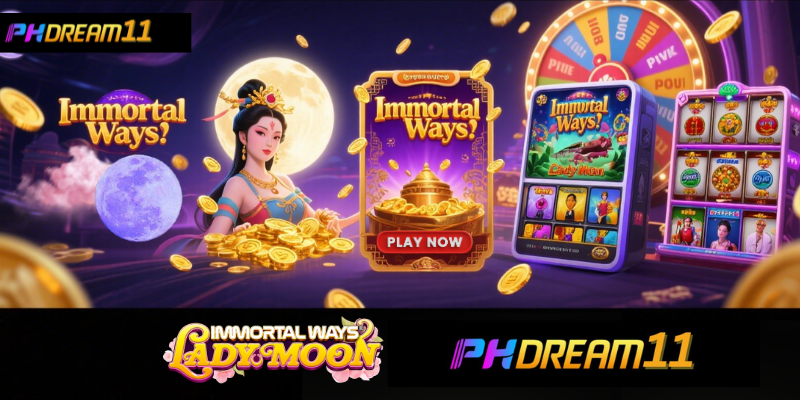 Immortal ways lady moon Mystical moon goddess, gold coins, glowing moonlight, and East Asian aesthetics ,Cascading coins and Prize Wheel in the background